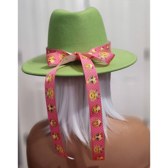 Fedora Hat Green Outside & Hot Pink Inside with Pink Emoji Headband - Picture 1 of 7